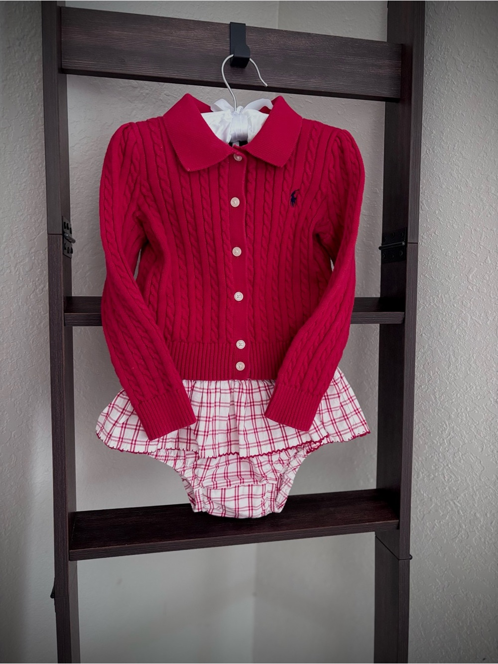 Ralph Lauren Red Cable-Knit Polo Cardigan with Plaid Skirted Bloomers Gap.
